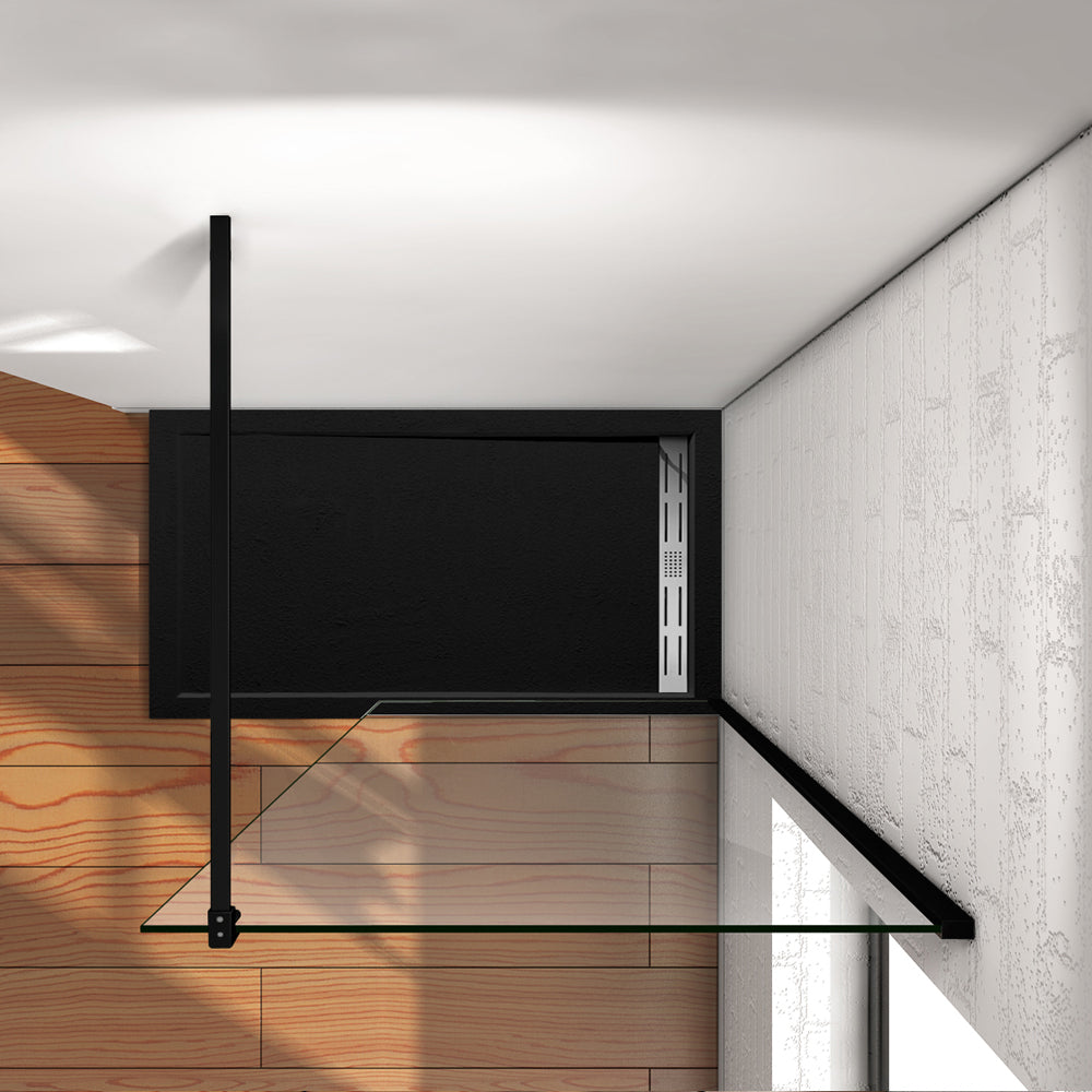Aica Parete Per Doccia Walk-In Vetro Trasparente 8mm Larga 50-100cm Alta 200cm Con Barra Stabilizzatrice Da 90cm Nero Opaco