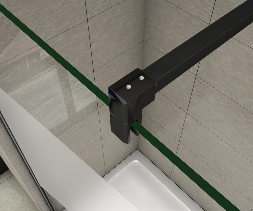 Aica Parete Per Doccia Walk-In Vetro Trasparente 8mm Larga 50-100cm Alta 200cm Con Barra Stabilizzatrice Da 90cm Nero Opaco