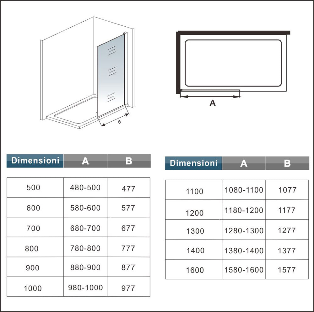 Aica Parete Per Doccia Walk-In Vetro Trasparente 8mm Larga 50-100cm Alta 200cm Con Barra Stabilizzatrice Da 90cm Nero Opaco