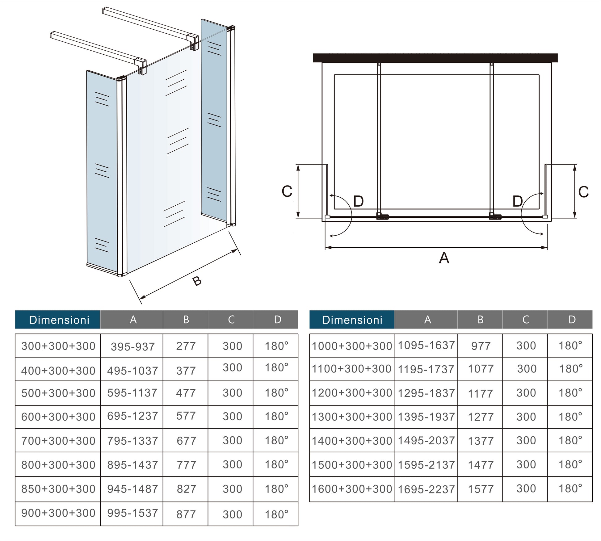 Aica 200cm Walk In Parete Per Doccia Vetro Trasparente Anticalcare Doppia Paretina Mobile Da 30 cm e Doppia Barra Stabilizzatrice
