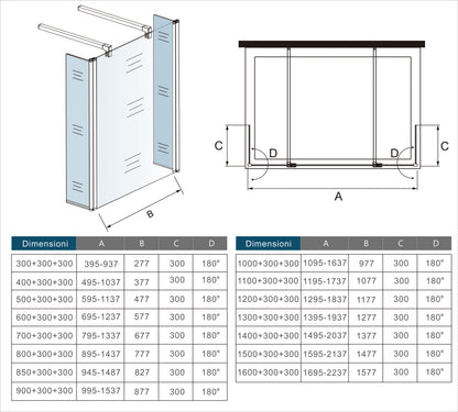 Aica 200cm Walk In Parete Per Doccia Vetro Trasparente Anticalcare Doppia Paretina Mobile Da 30 cm e Doppia Barra Stabilizzatrice