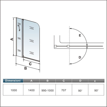 Aica 100X140cm Sopravasca Parete Vasca Apribile Barra Stabilizzatrice Vetro Temperato 4 mm Telaio Con Processo Di Elettroforesi